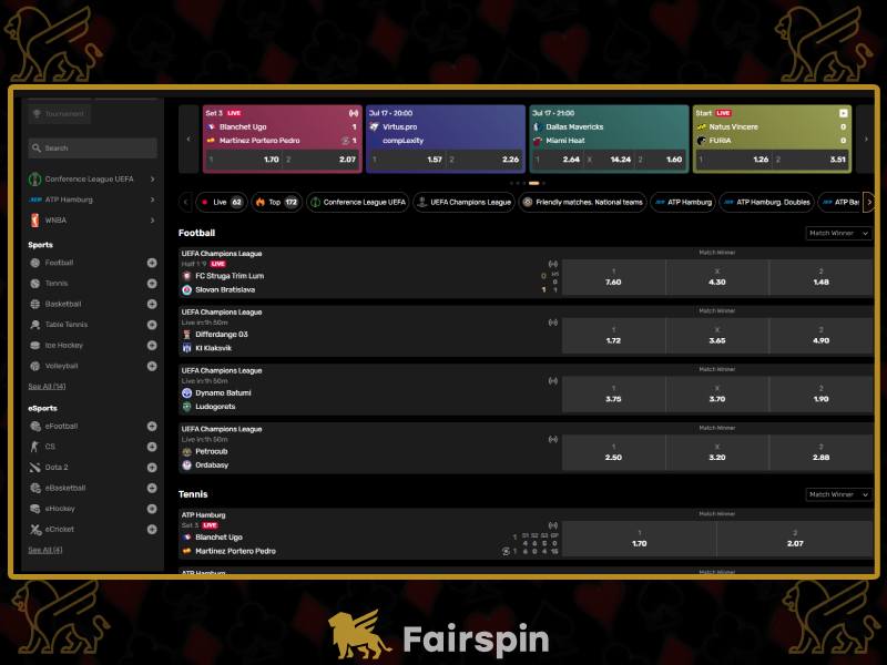 Variety of sporting events for betting at FairSpin